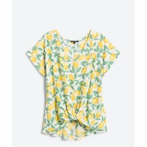 West Kei Yellow Lemon Print Short Sleeve Knot Front Top